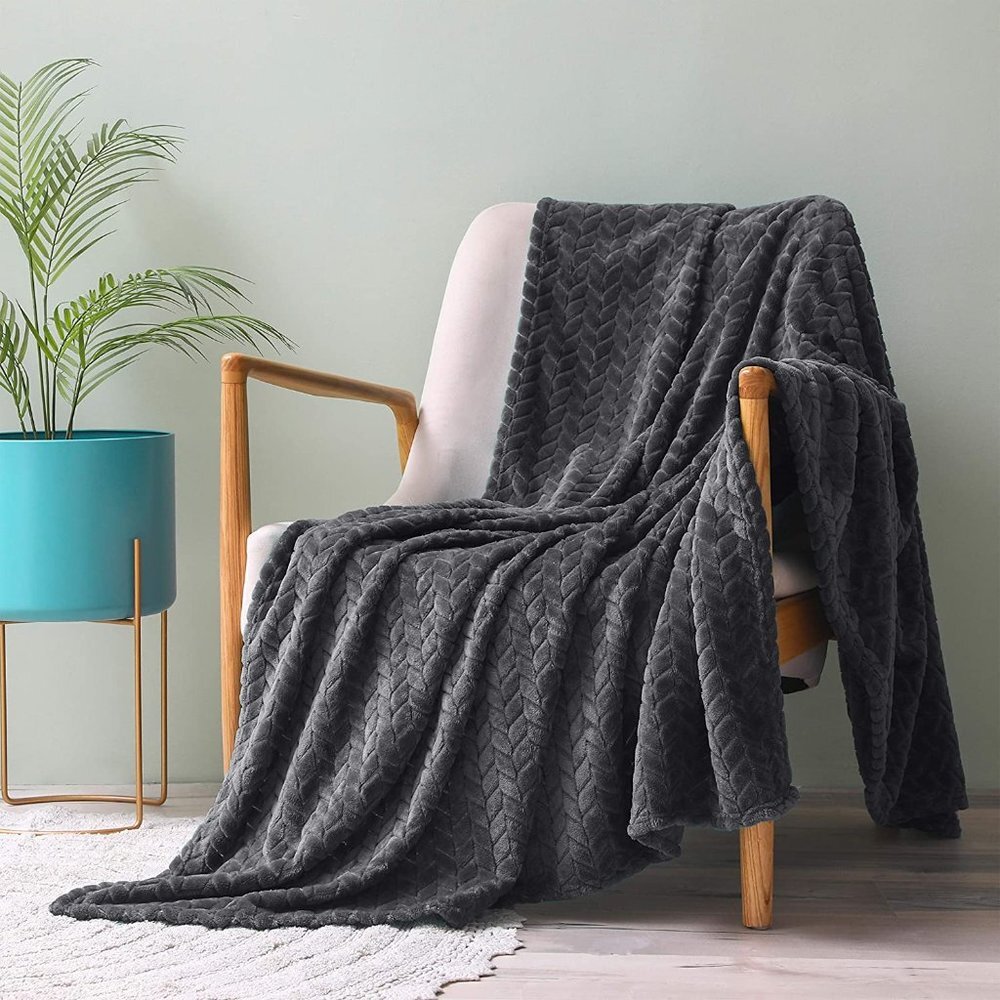 Dark Grey Knit Jacquard Weave Pattern Decorative Warm Flannel Couch Cozy Blanket - Picture 2 of 16